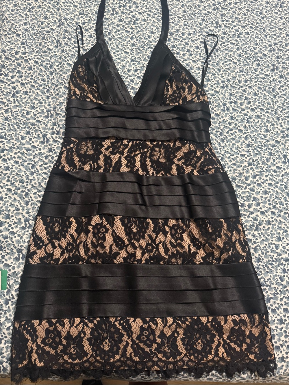 BCBG Black Lace Overlay Mini Dress with Nude Underlay